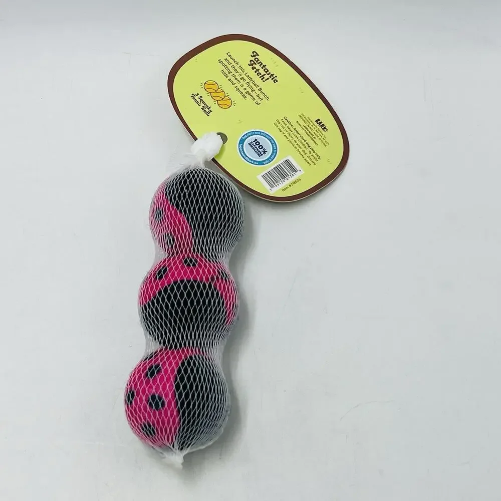 Bark Box S Launch Ladies 3 Squeaky Tennis Balls Ladybugs New